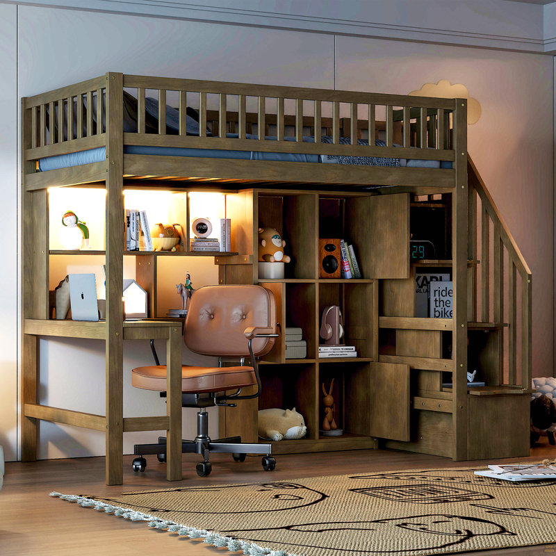 Lit mezzanine simple en bois avec bureau intégré, DEL, tablettes de rangement, armoires et escalier, Walnut