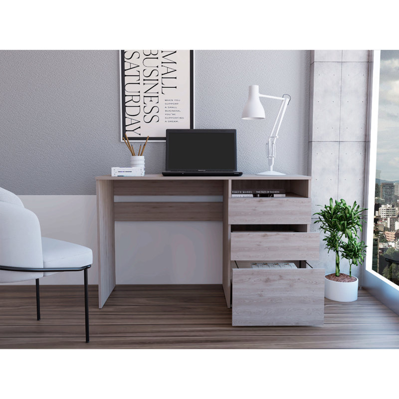 Bureau d'ordinateur 3 tiroirs, une tablette, Gris