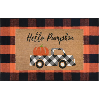 Fall Doormat Set – Hello Pumpkin Coir Welcome Mat & Orange Plaid Autumn Rug for Front Porch Entryway Décor