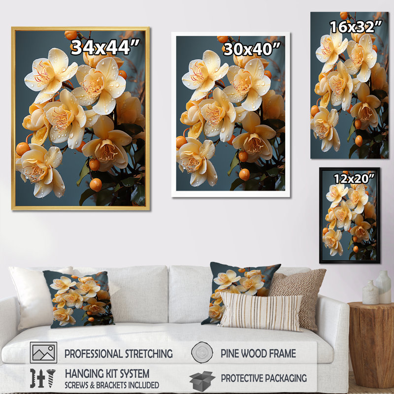 Or doré - orchidées murales, salon, Cadre simple blanc, H 32 po x l 24 po x P 1 po