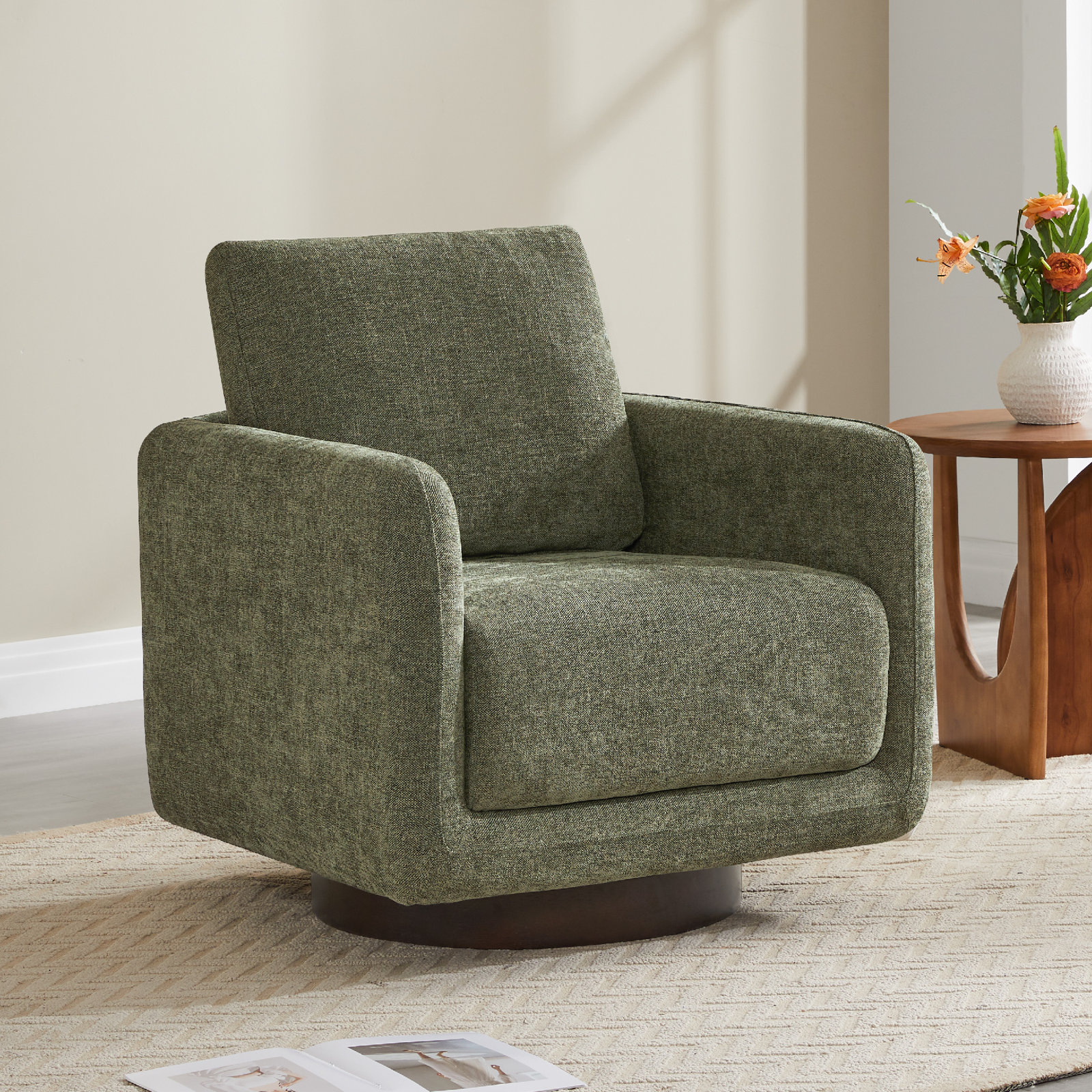 Assiatou Swivel Armchair, Moss Performance Chenille
