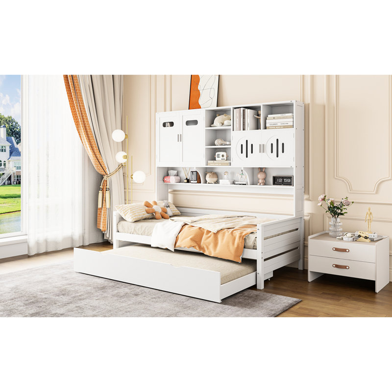 Lit de jour simple en bois avec armoire de rangement et lit gigogne lisse - lit gigogne à tablette blanche fiable, matériaux