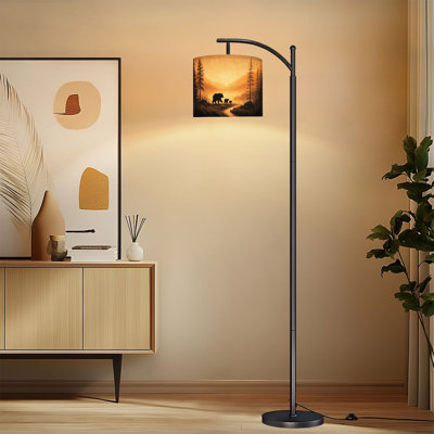 Lampe sur pied à arc avec abat-jour ajustable Mère ourson forêt tranquille coucher de soleil chasse faune sur pied 3 températures de couleur à intensité variable haute lampe sur pied avec interrupteur au pied pour la chambre à coucher