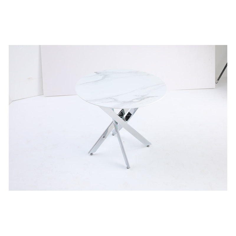Table ronde en verre trempé 35,43 po - Cadre en fer argenté, design moderne