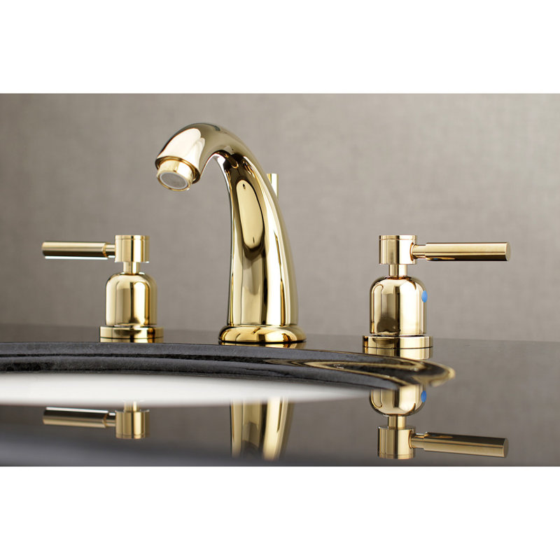 Kingston Brass Concord Two-Handle 3-Hole Deck Mount Widespread Bathroom Faucet with Retail Pop-Up Drain, Polished Brass