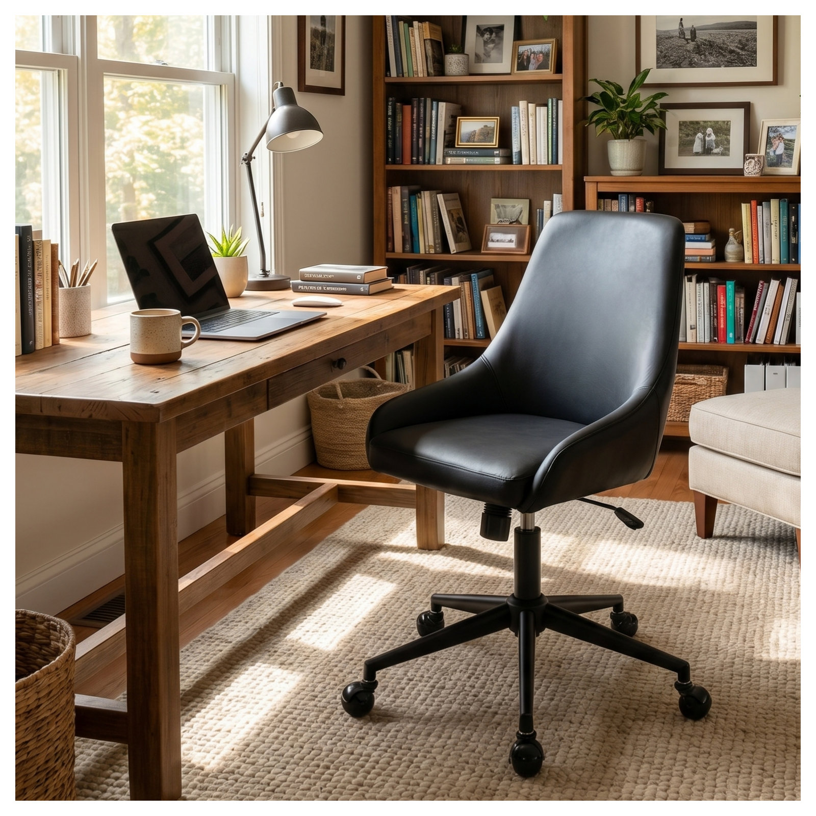 Vanora Swivel Office Chair, Black Faux Leather