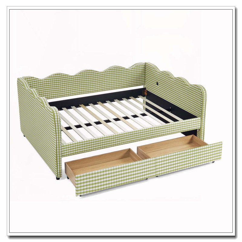 Lit de jour double, Tiroirs complets, Vert