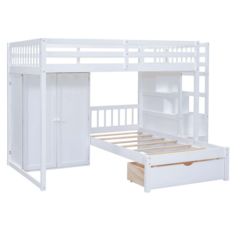 Lit superposé simple au-dessus de double avec armoires, tiroirs et escaliers Shauna, Blanc