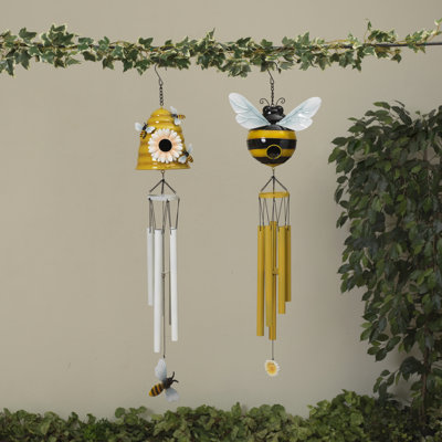Ensemble de 2 carillons à vent en métal avec abeille et ruche 32,4 pouces - Carillons de jardin fantaisistes avec des accents peints vibrants