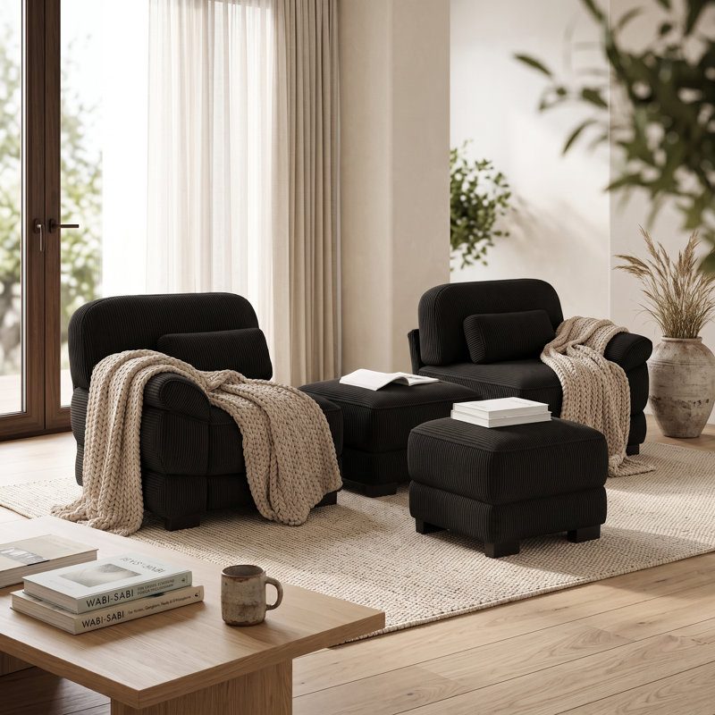 Canapé d'angle modulaire 2 places en velours côtelé noir avec 2 poufs amovibles et configuration flexible