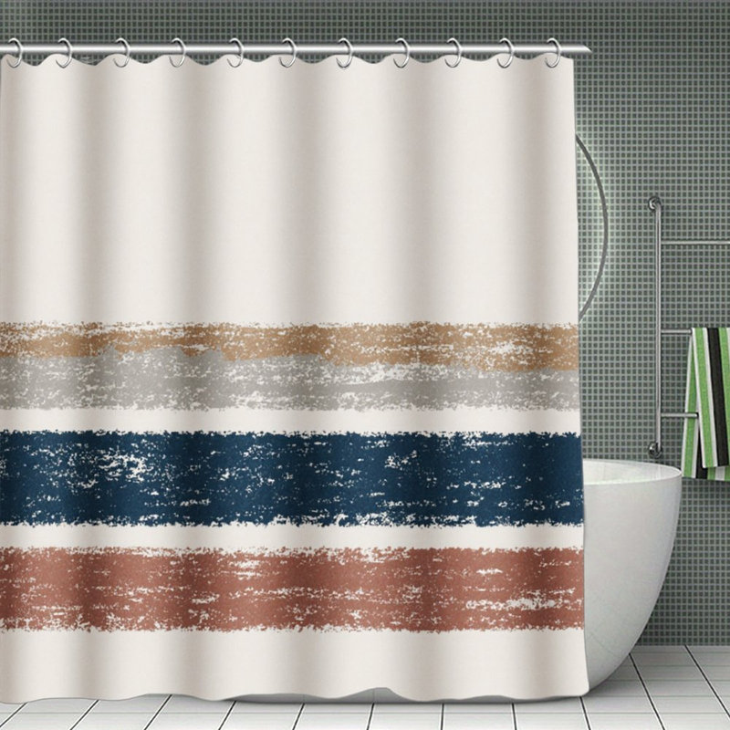 Rideaux de douche à rayures vieillies, 71 po x 71 po, Beige / rayures bleues