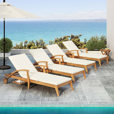 OUTDOOR RECLINER SIDE TABLE SET - COMES WITH 2 INCH CUSHION AND ADJUSTABLE BACKREST CHAISE LOUNGE WITH WHEEL & FOLDABLE AND ADJUSTABLE ACACIA WOOD SIDE TABLE FOR POOLSIDE PORCH