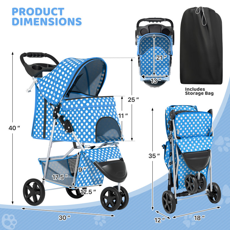 Poussette pliable pour chien et chat avec panier de rangement à auvent réglable et porte-gobelet pour petits et moyens animaux de compagnie