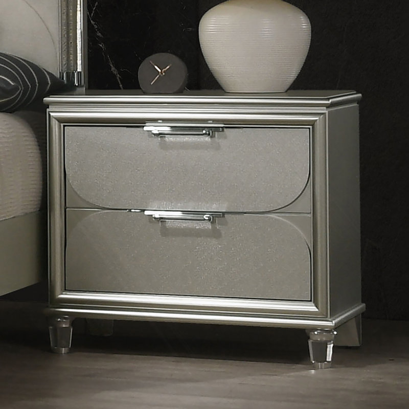 Contemporary Silver 1Pc Nightstand Acrylic Handles Embossed Panels English Dovetails 2-Drawers Bedside Table
