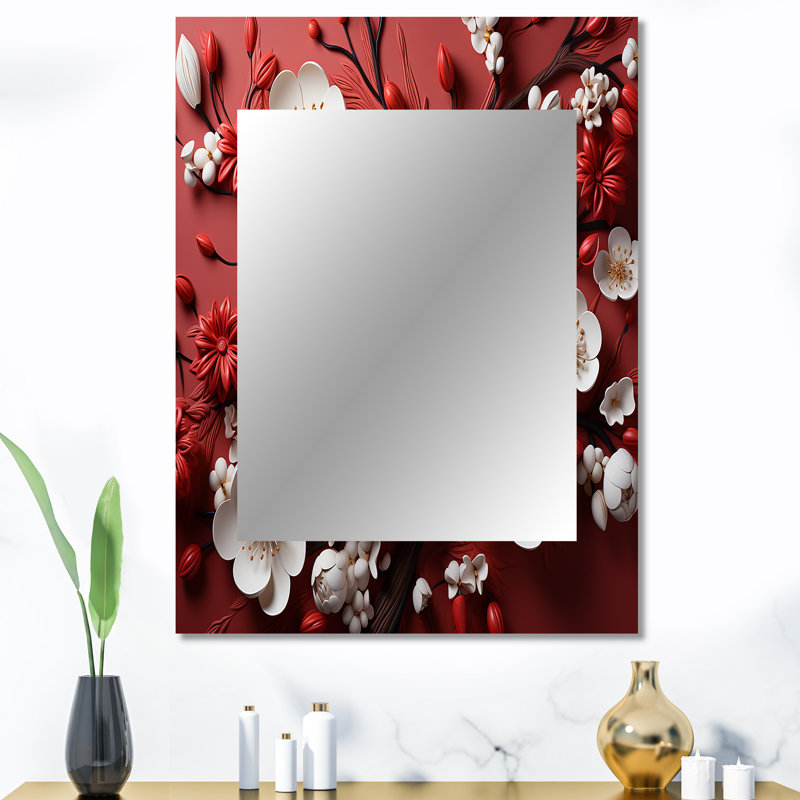 White and red orchid flower branches III - Floral Decorative Wall Mirror, Traditional Mirror, Printed Metal Art, 40" x 30"