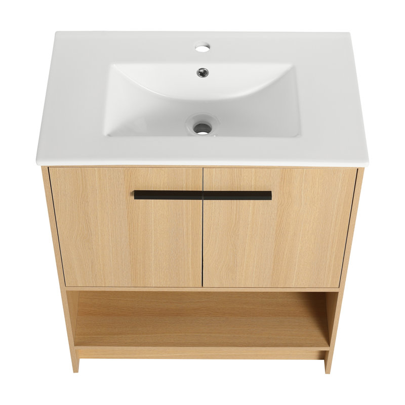 Meuble-lavabo de salle de bain avec lavabo en céramique, Naturel