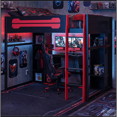 Full-Size Wooden Gaming Loft Bed with Desk and Storage, RGB LED Light, USB Charging Station, Built-in Wardrobe & Cabinets, Space-Saving Loft Bed Frame for Bedroom-Red