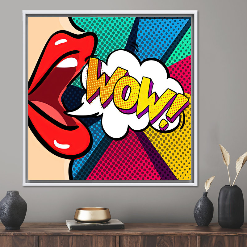 Art mural Pop Art Comic Shock sur toile avec graffiti urbain et images d'art labial, H 33 po x l 33 po, Blanc