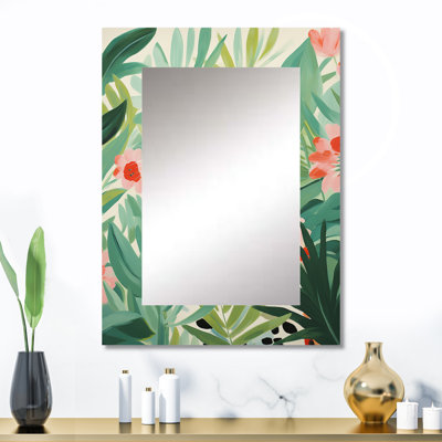 Vert et rose léopard, élégance tropicale II - miroir mural décoratif léopard, miroir jaune, impression sur métal