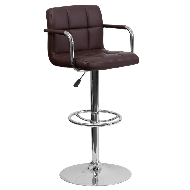 Elegant Adjustable Swivel Bar Stool in Quilted Brown Vinyl