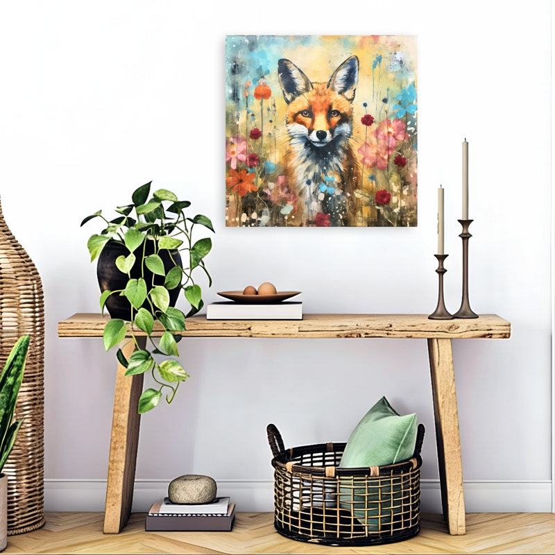Affiche murale contemporaine représentant un renard dans un jardin féerique, avec un renard et des animaux de la forêt.