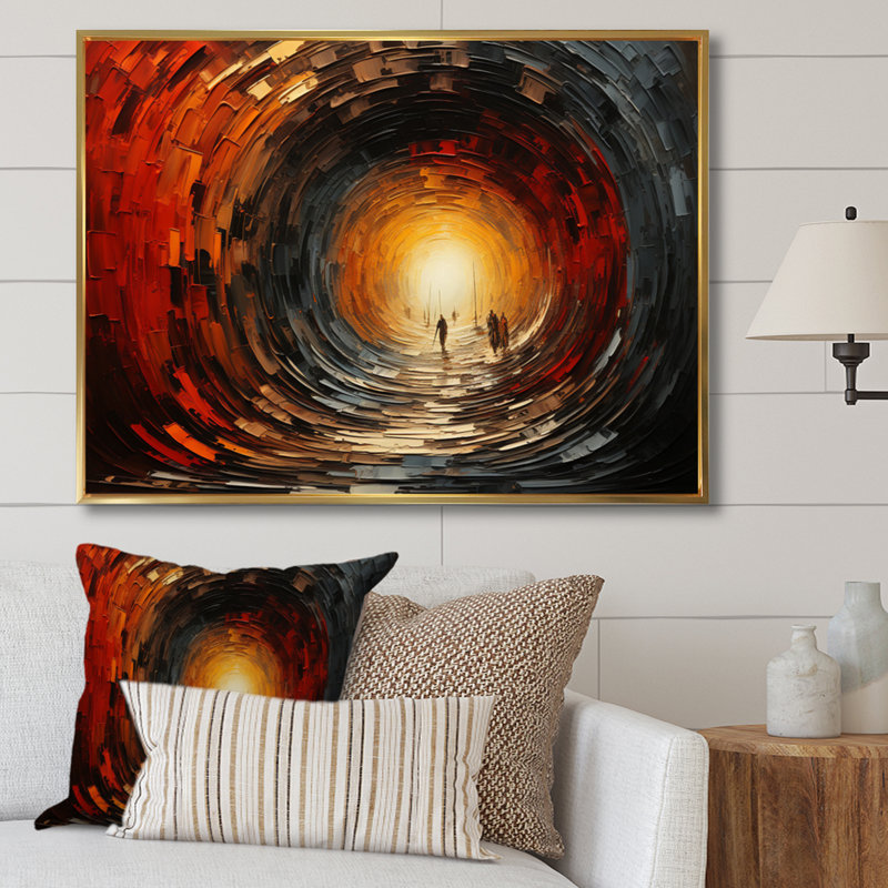 Tunnel abstrait en bois rouge II sur toile, H 12 po x l 20 po x P 1 po, Cadre flottant doré