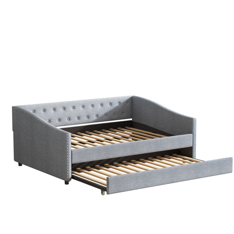 Full Size Daybed With Trundle, Upholstered Bed In Grey, Button - Back Design, Copper Nail Trimmed Waved Arms, Comfortable Seating, Pull Out Sleeping, Breathable Fabric Cushions Adorned Back,