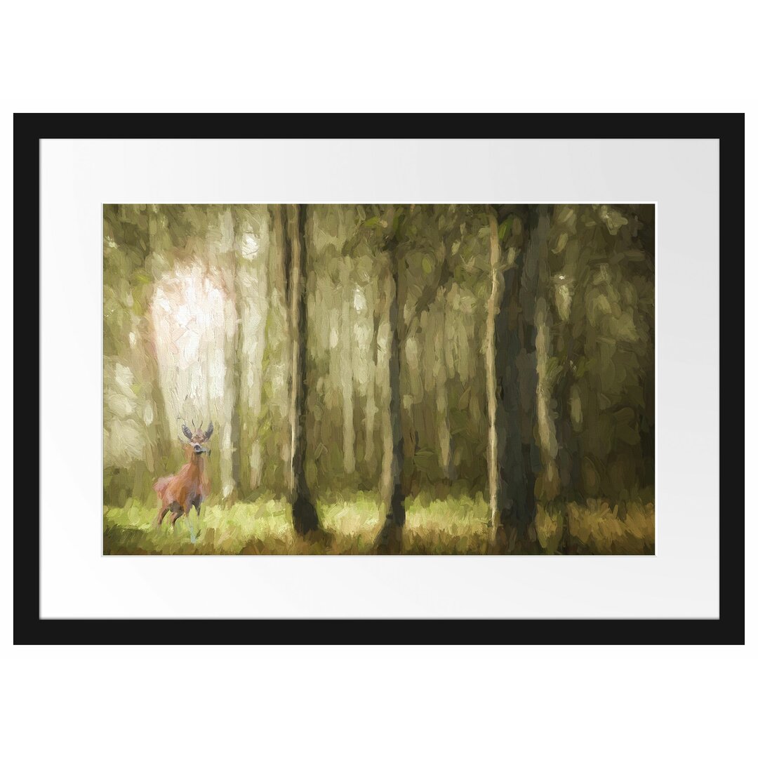 Gerahmtes Papierbild Hirsch im Wald