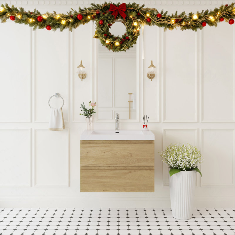 Meuble-lavabo mural de 30 po avec lavabo, meuble-lavabo mural moderne avec lavabo à surface solide et tiroirs à fermeture en douceur, chêne naturel