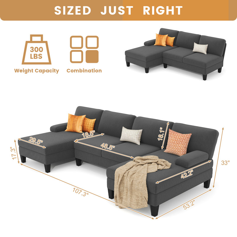 Modular Sectional Sofa, U-Shaped Sofa With Recliner, Striped Fabric Corduroy Four-Seater For Living Room Or Bedroom, Includes Double Recliner, Dark Gray