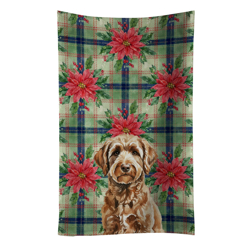 Chocolate Labradoodle Christmas PoinsettIas Kitchen Towel, Chocolate Labradoodle