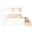 Lit simple avec bibliothèques en forme de L, ports de chargement et deux tiroirs en pin blanc pour la chambre à coucher, prises de courant encastrées Space Solution, rangement facile à assembler, design