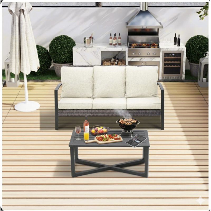 2-Piece Wicker Patio Conversation Set, Beige, Gray