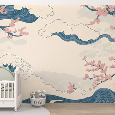 Oriental Blue Wave & Cherry Blossom Wallpaper, Japanese Style Cloud Pattern Wall Mural, Elegant Asian Floral Design For Bedroom Nursery Living Room