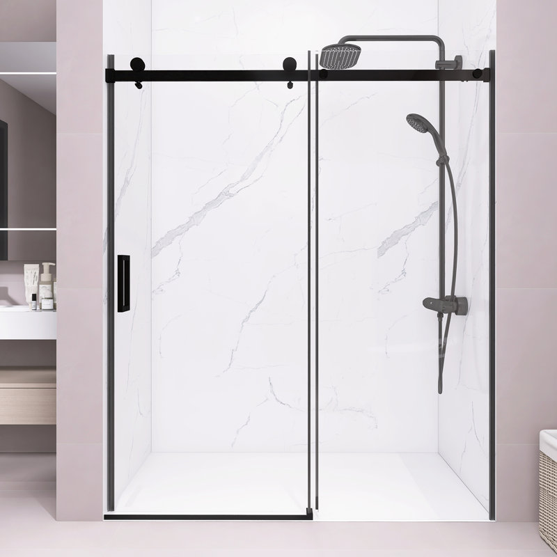 56" - 60" X 72" Frameless Sliding Shower Door With 5/16" (8Mm) Thick SGCC Tempered Clear Glass, With Buffer, Matte Black