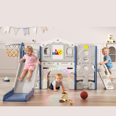 10-In-1 Toddler Slide Playset With Lights, Indoor & Outdoor Kids Playground, Hdpe Baby Slide With Basketball Hoop, Drawing Board & Tunnel For Ages 1–3