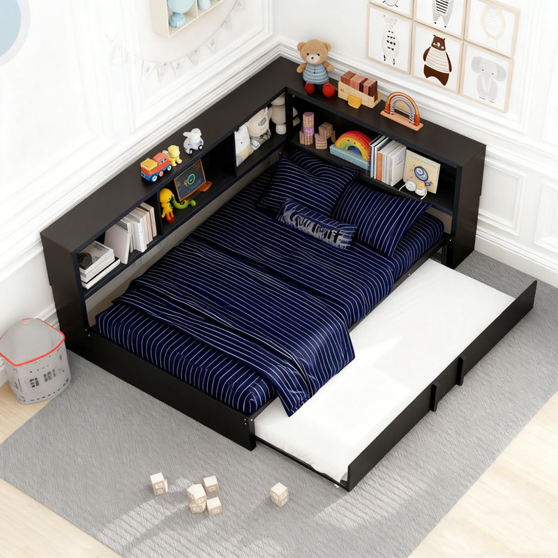 Lit de jour avec couchette, armoires de rangement et ports USB, Noir