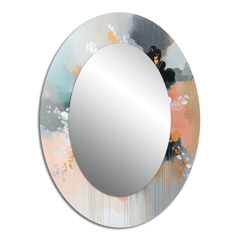 White Brushstroke Floral Abstract Painting II - Floral Oval Decorative Mirror On Metal, 40" x 30"