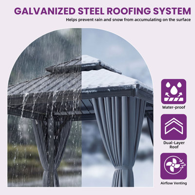 Outdoor Metal Hardtop Patio Gazebo with Privacy Curtain and Mosquito Netting
