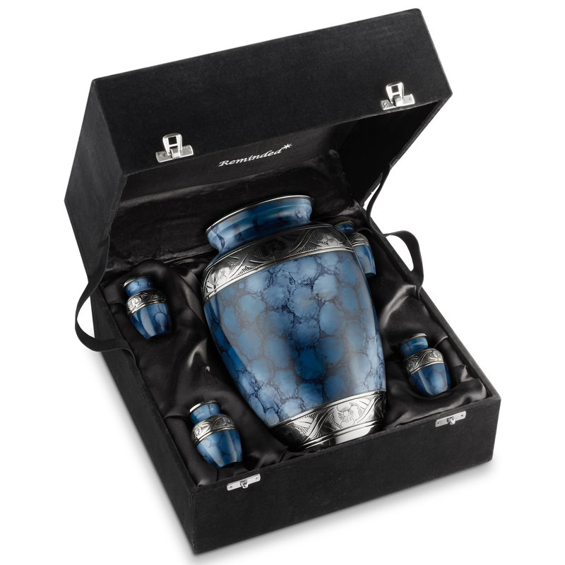 Elegant Blue Polished Brass Keepsake Urn Set