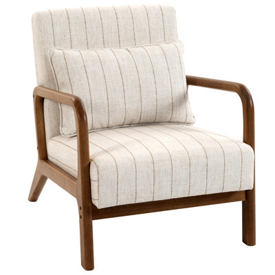 Modern Solid Wood Accent Chair with Curved Arms  Lumbar Pillow Natural linen Blend Fabric