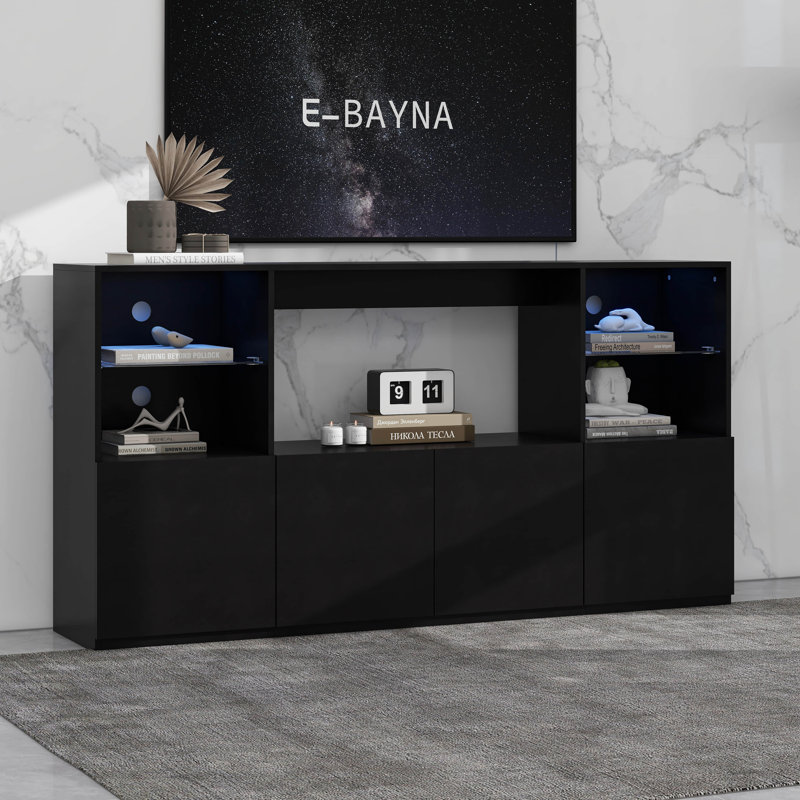 High Gloss TV Stand With LED Lights, Modern Sideboard With Large Storage Cabinet, Media Console With Tempered Glass Shelves