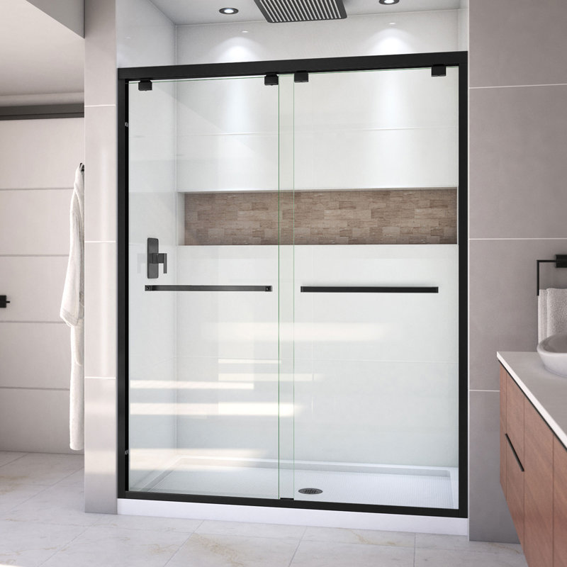 Encore 78.75" H Semi-frameless Sliding Shower Enclosure, Matte Black/White, Center