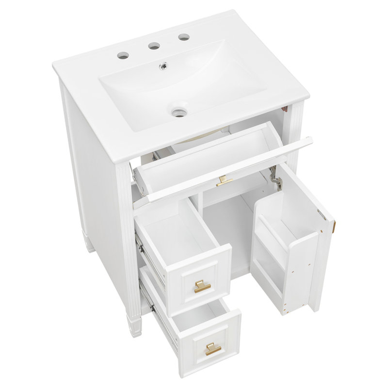 Meuble-lavabo 24 po avec lavabo, meuble-lavabo avec un tiroir rabattable et deux tiroirs, tablette réglable, Blanc