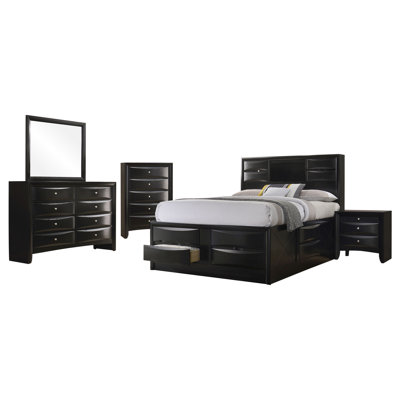 Annielou 5-Piece California King Bookcase Storage Bedroom Set with Nightstand, Dresser, Mirror and Chest, Black