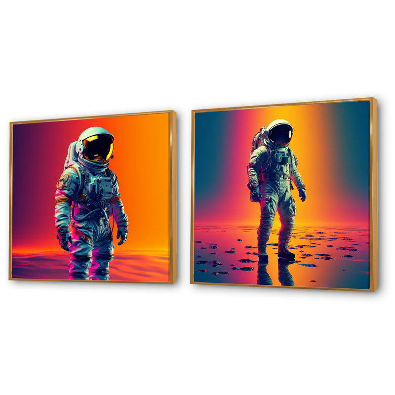 Astronaute rose orange à travers l'espace I - ensemble de 2 reproductions d'art mural, Cadre flottant doré