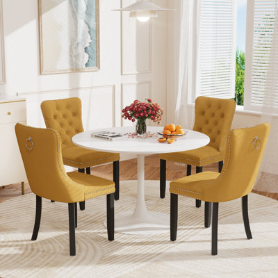 5-Piece Modern Dining Set: 42.1" Marble-Look MDF Table & 4 Velvet Upholstered Chairs by George Oliver