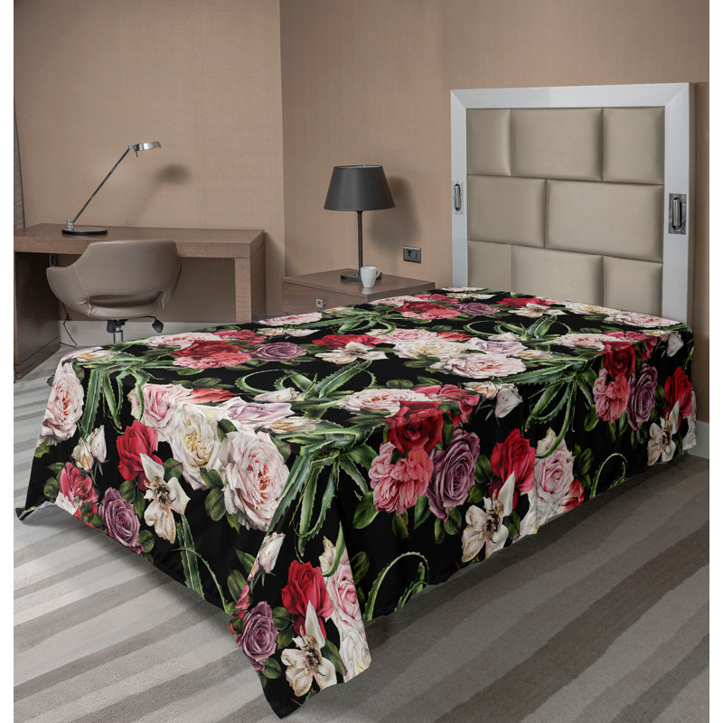 Ambesonne Flowers Flat Sheet Nostalgia Farmhouse, Black and Multicolor
