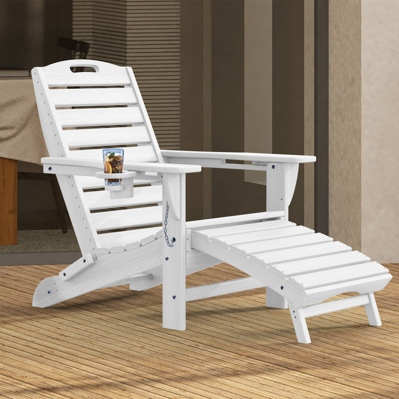 Chaise Adirondack pliable à texture bois avec repose-pieds et dossier réglable, Blanc
