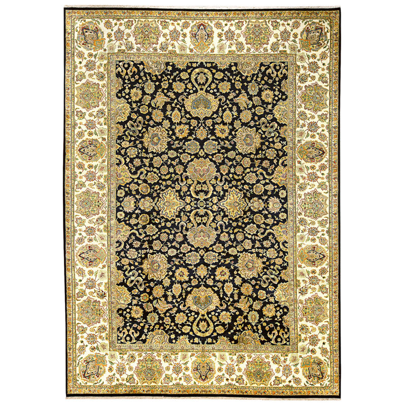 Tapis noir et crème noué à la main de haute qualité